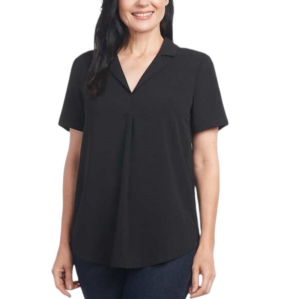 Hilary Radley Popover Blouse XL Black Short Sleeve Career Minimalist Classic